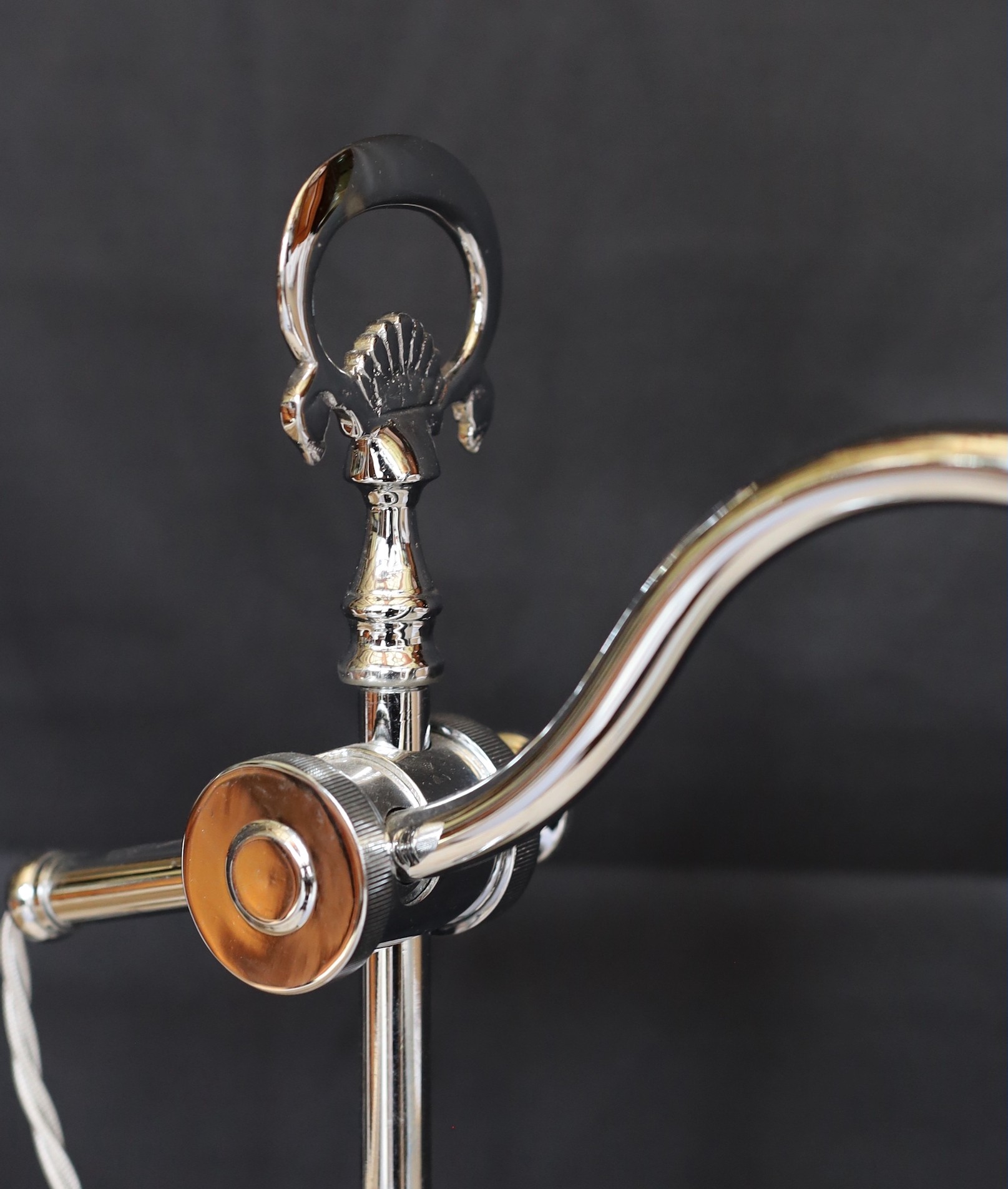 A 1930s style chrome plated adjustable desk lamp with Vaseline glass shade, height 60cm